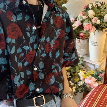 Wiaofellas Rose full print vintage shirt shirt women men summer rich young master short sleeve button up shirt Korean streetwear summer ins